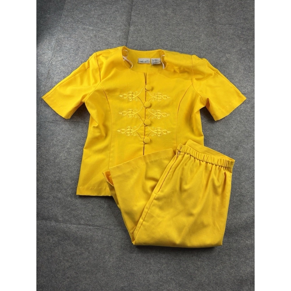 VTG Kathie Lee Women's 14 2 Piece Yellow Embroidered Short Blazer Skirt Set 90s